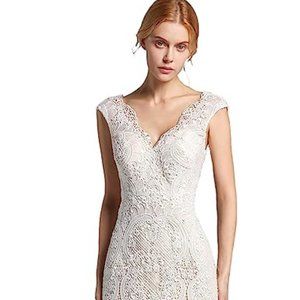 LIPOSA Women's Lace Wedding Dresses V Neck Open Back Sheath Boho Bridal Gown for